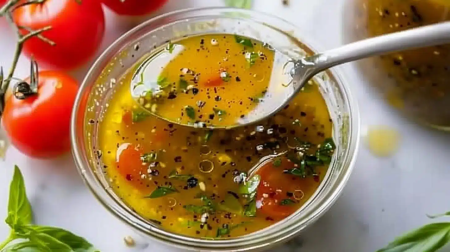 Bottle of healthy Italian dressing with fresh ingredients