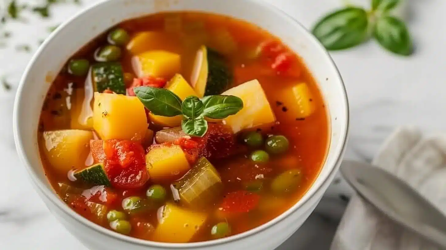 Bowl of healthy vegetable soup with fresh ingredients and vibrant colors.