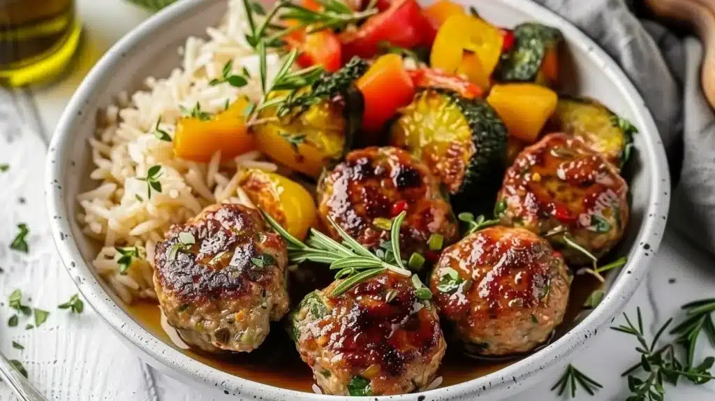 Delicious herb meatballs with roasted vegetables and a side of rice on a plate