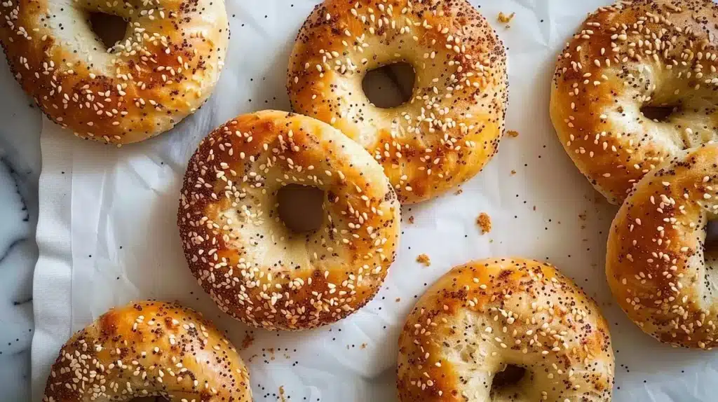 High protein Greek yogurt bagels stacked on a wooden board