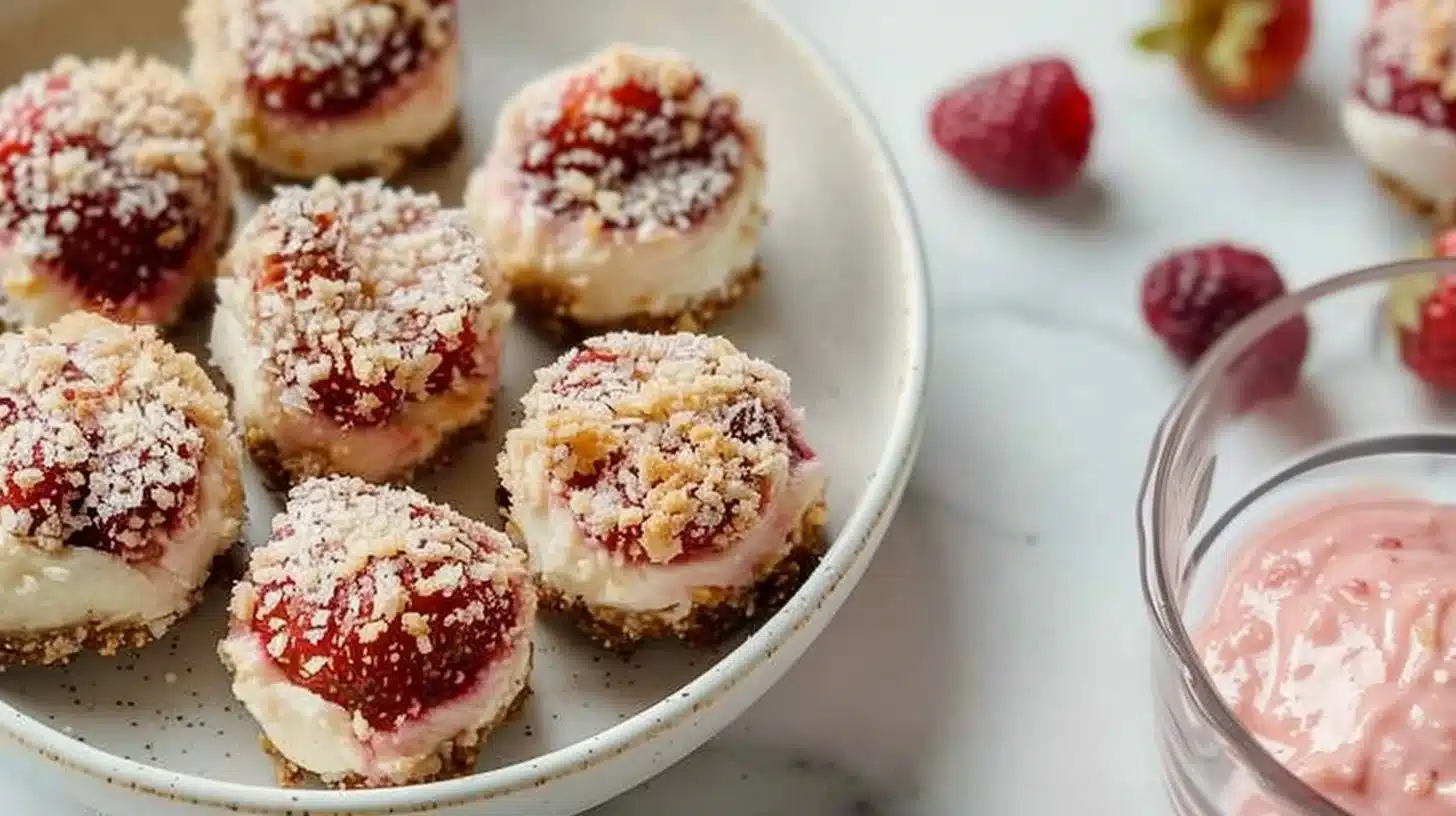 High protein healthy strawberry cheesecake bites freshly made and ready to enjoy.