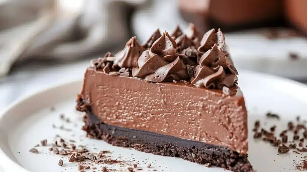 Delicious homemade chocolate cheesecake topped with chocolate shavings.