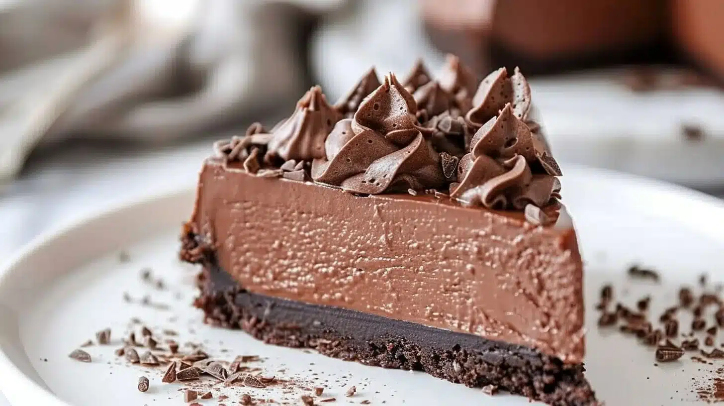 Delicious homemade chocolate cheesecake topped with chocolate shavings.
