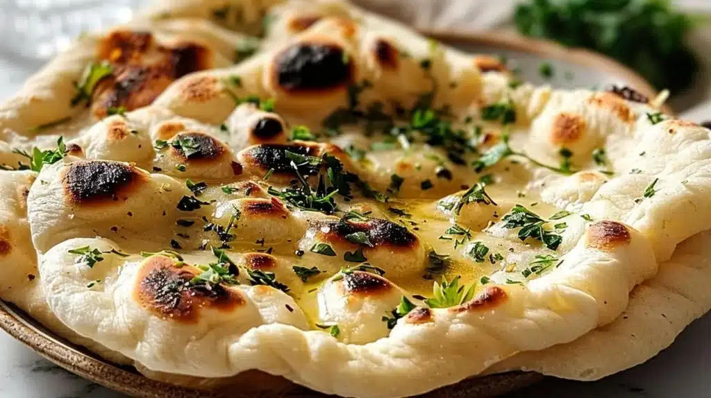 Freshly baked homemade naan bread served on a wooden board