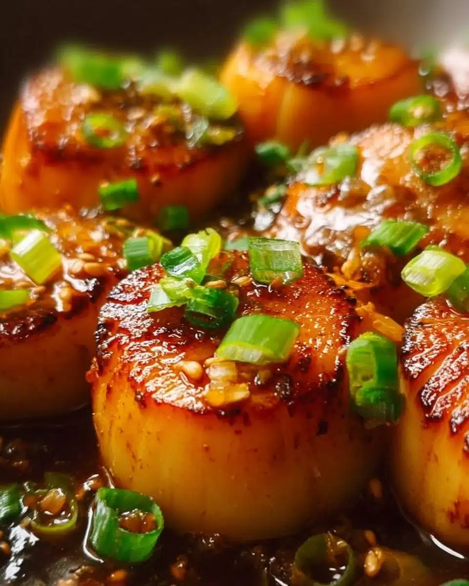Honey Garlic Butter Scallops served on a plate with garnishes