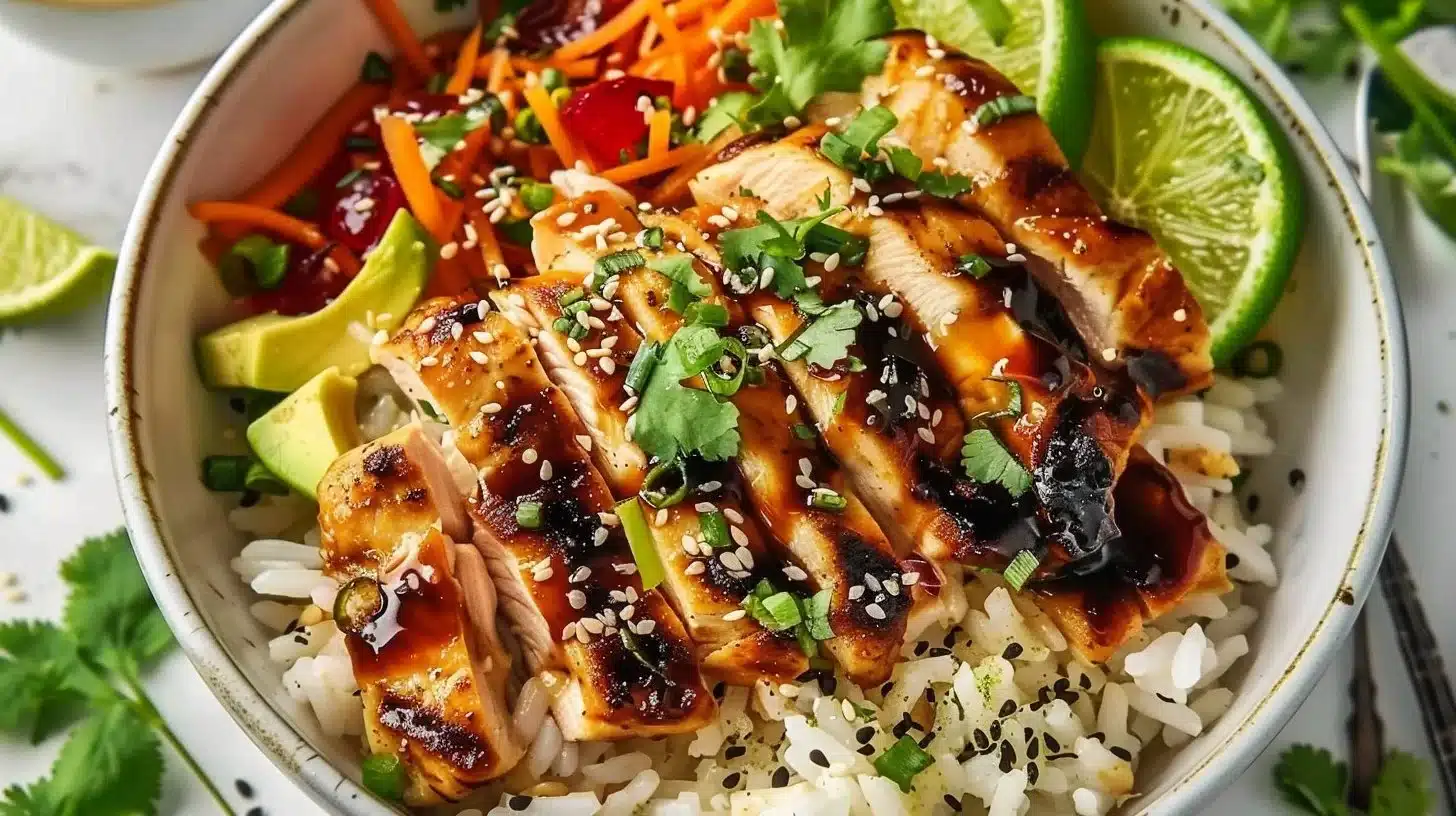 Delicious Honey Lime Chicken Bowl with fresh ingredients and vibrant garnishes