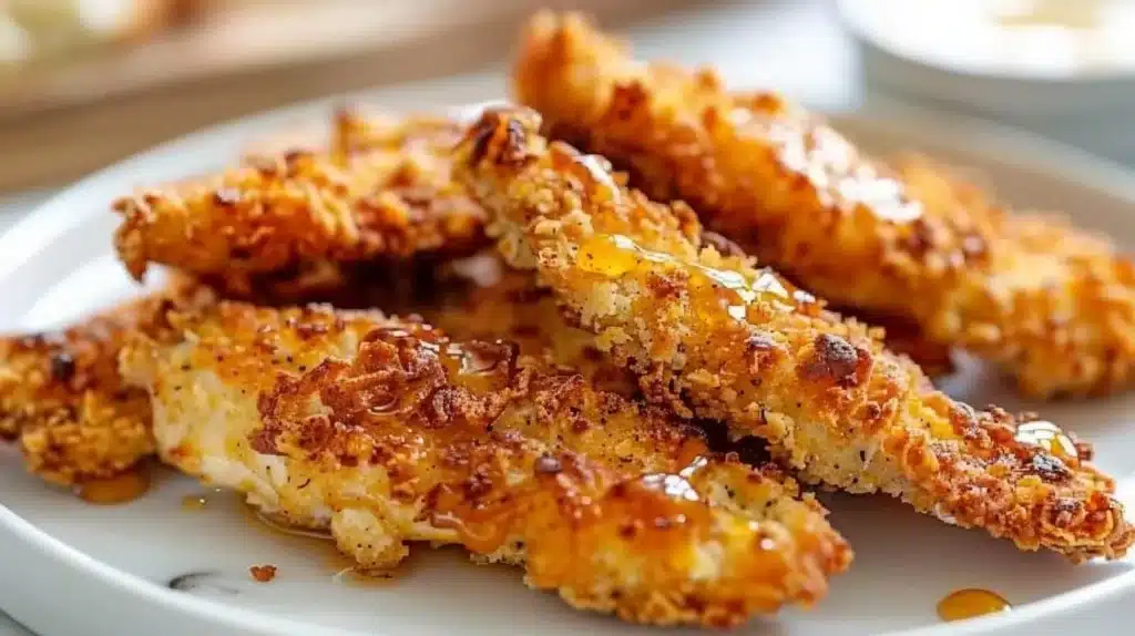 Delicious honey mustard baked chicken strips on a plate