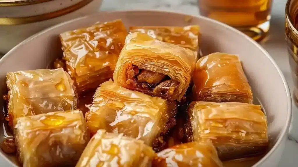 Delicious Honey Walnut Baklava Rolls drizzled with honey and topped with walnuts.