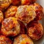 Plate of hot sausage balls, golden brown and appetizing.