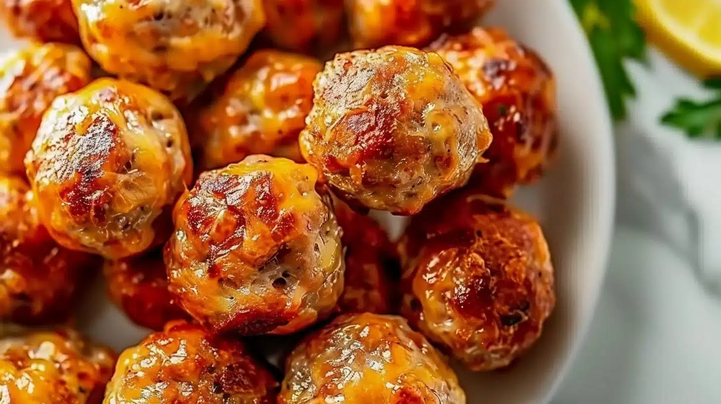 Plate of hot sausage balls, golden brown and appetizing.