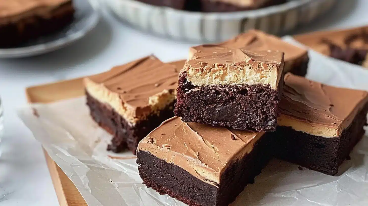 Indulgent tiramisu fudge brownies topped with cocoa and espresso