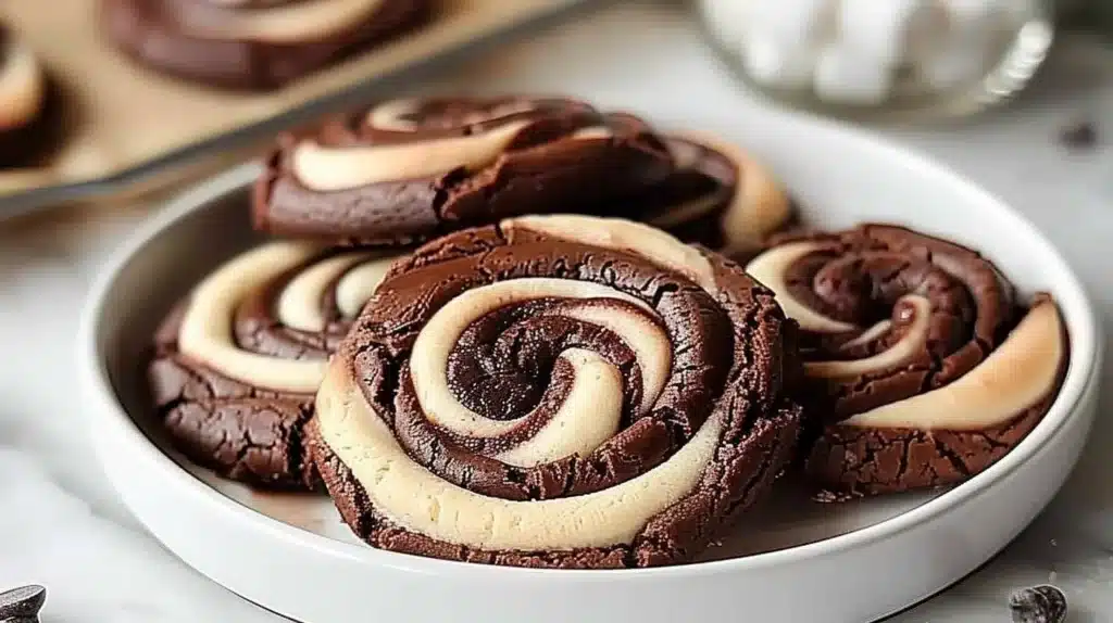 Chocolate marshmallow cookies on a plate, topped with swirls of chocolate and marshmallow.