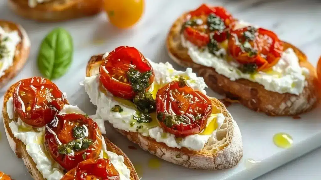 Italian crostini with burrata cheese and roasted cherry tomatoes on a platter.
