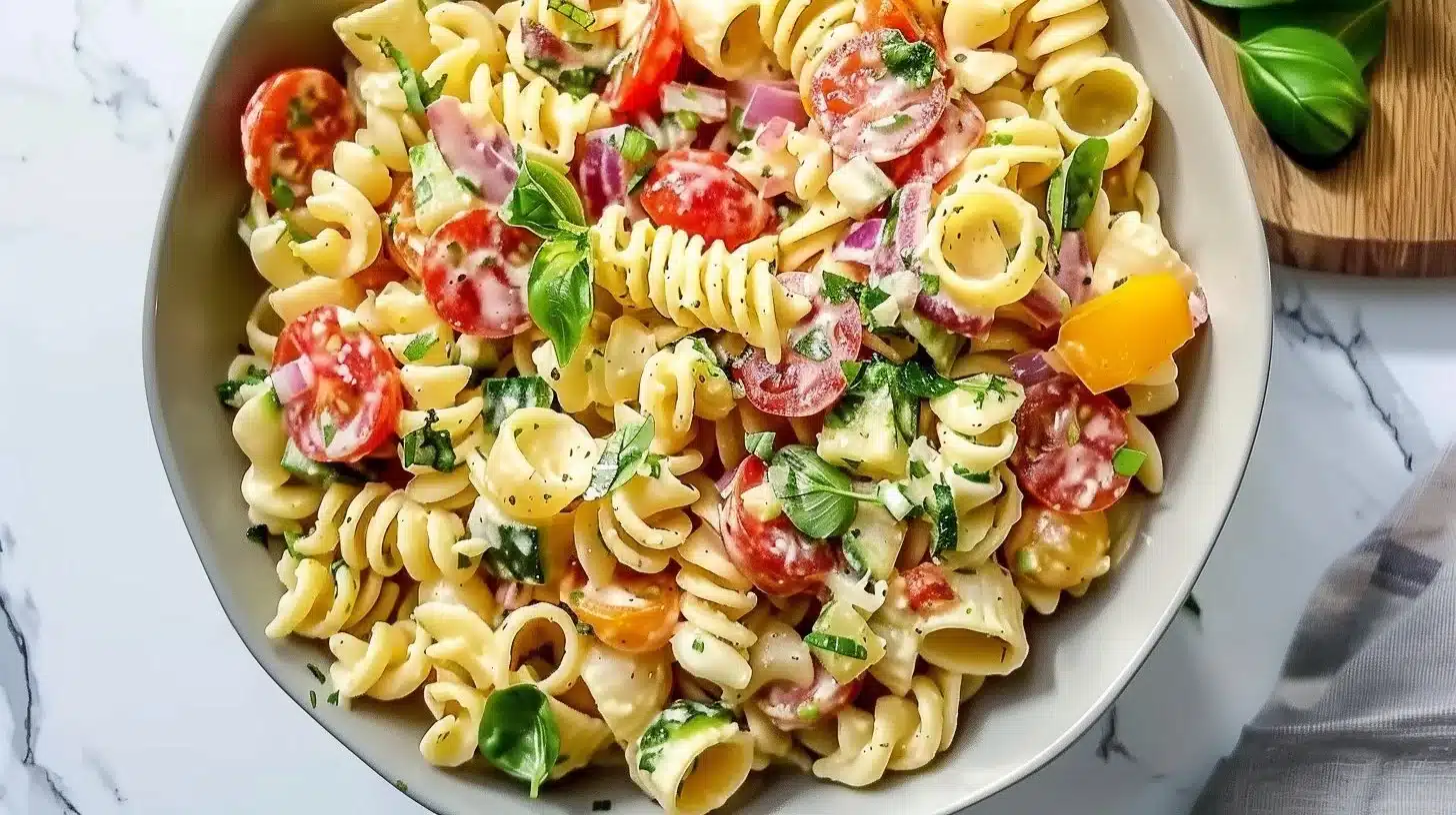 A vibrant bowl of Italian Grinder Pasta Salad with fresh vegetables and dressing.