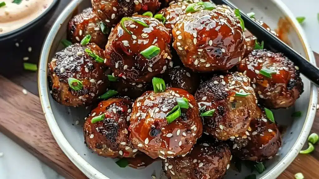 Plate of Korean BBQ meatballs topped with spicy mayo sauce