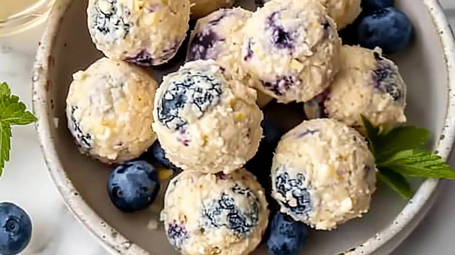 Lemon Blueberry Cottage Cheese Protein Bites on a plate, healthy snack option