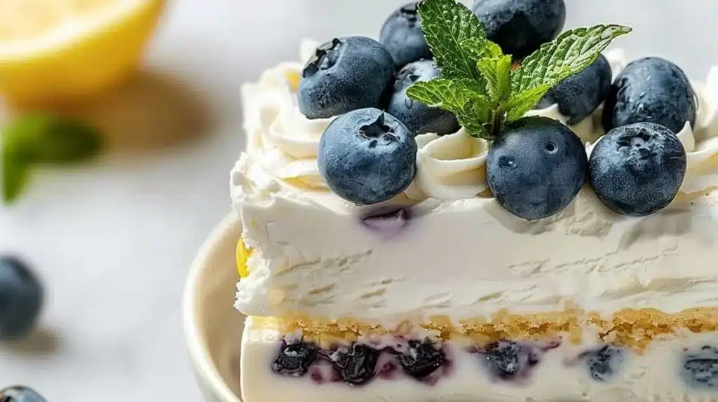 Delicious lemon blueberry lush dessert with fresh blueberries and lemon cream layers