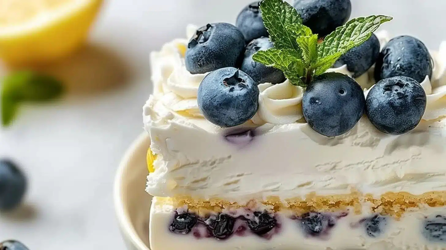 Delicious lemon blueberry lush dessert with fresh blueberries and lemon cream layers