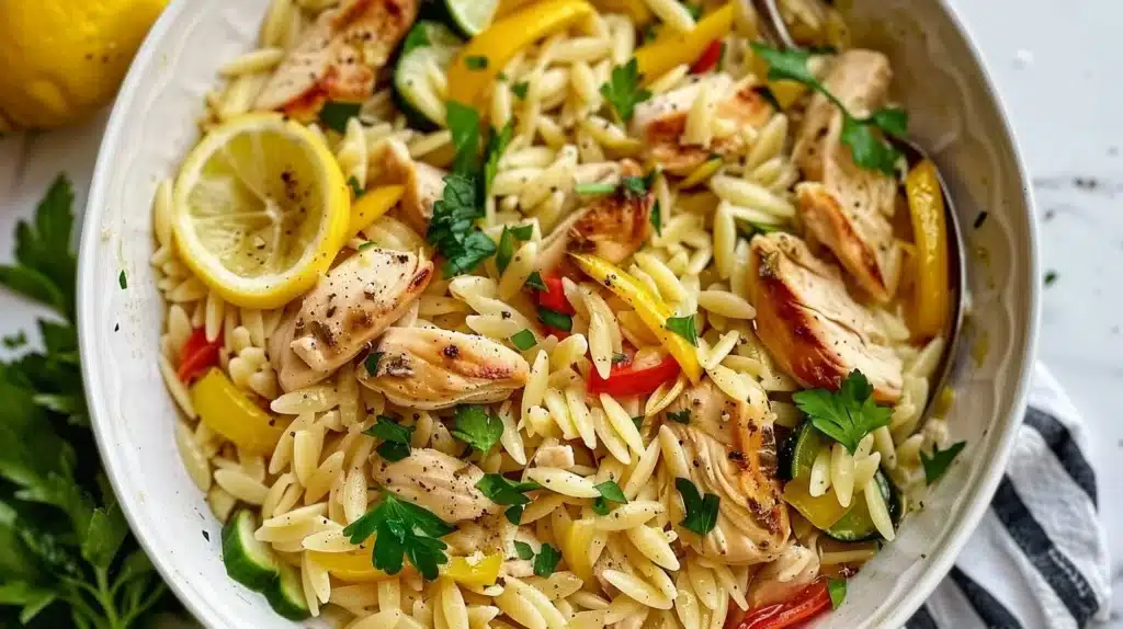 Bowl of Lemon Chicken Orzo with fresh herbs and lemon slices