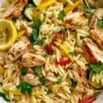 Bowl of Lemon Chicken Orzo with fresh herbs and lemon slices