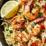 Lemon Shrimp Orzo Skillet with vibrant herbs and fresh shrimp