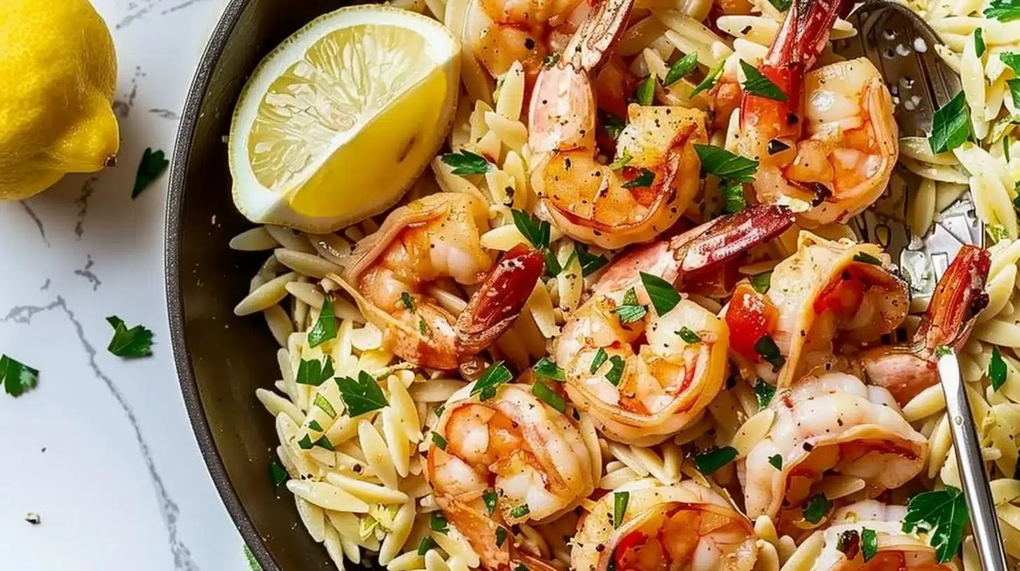 Lemon Shrimp Orzo Skillet with vibrant herbs and fresh shrimp