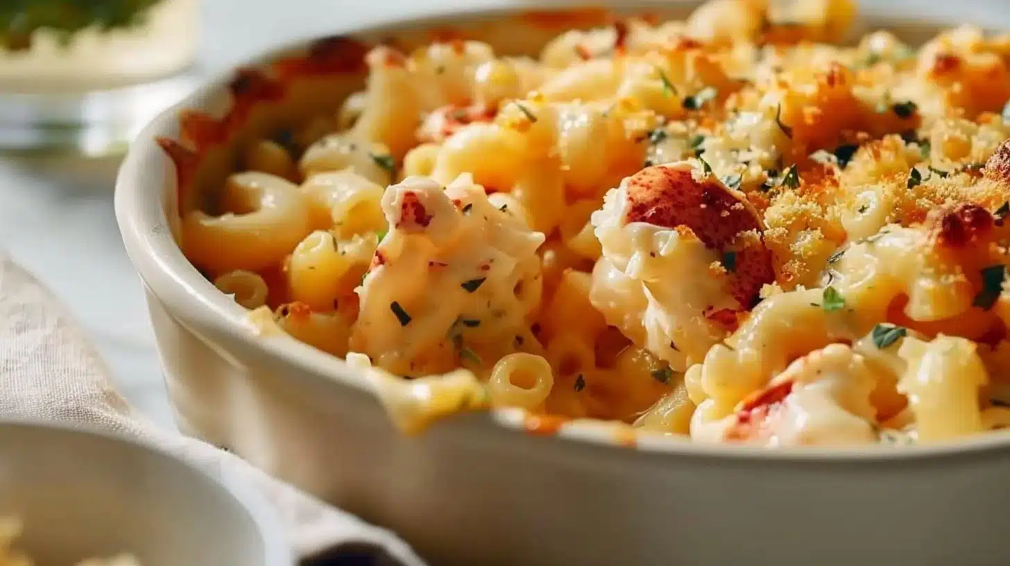 Delicious Lobster Mac and Cheese topped with breadcrumbs and herbs