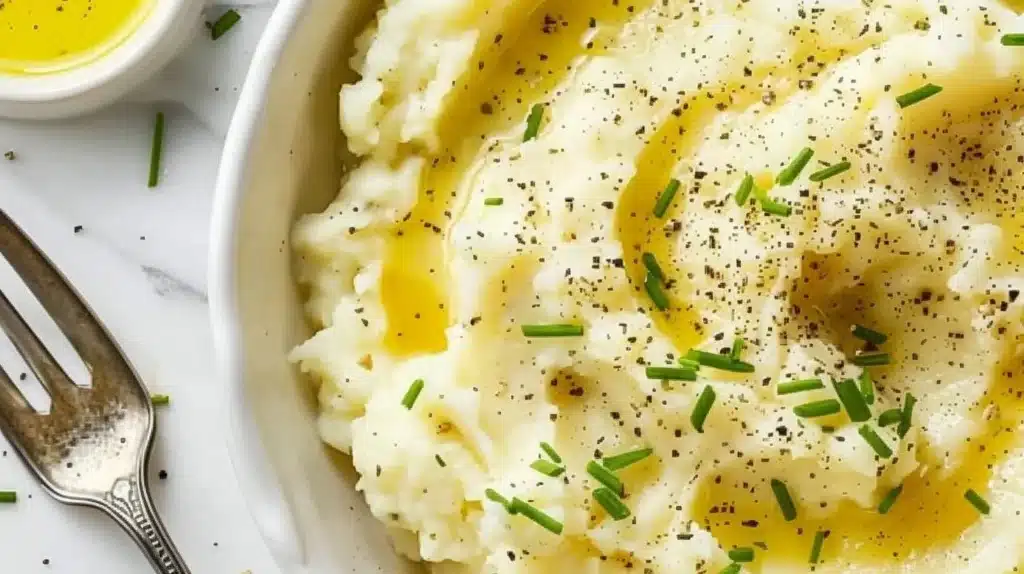 Creamy mashed roasted potatoes topped with herbs and spices