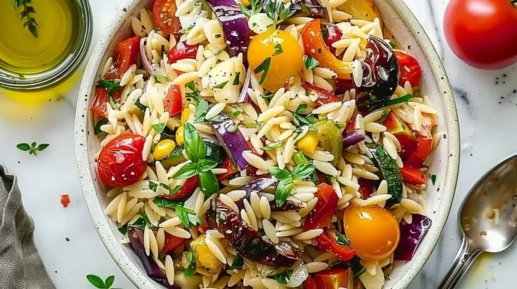 Mediterranean orzo salad with roasted vegetables in a serving bowl.