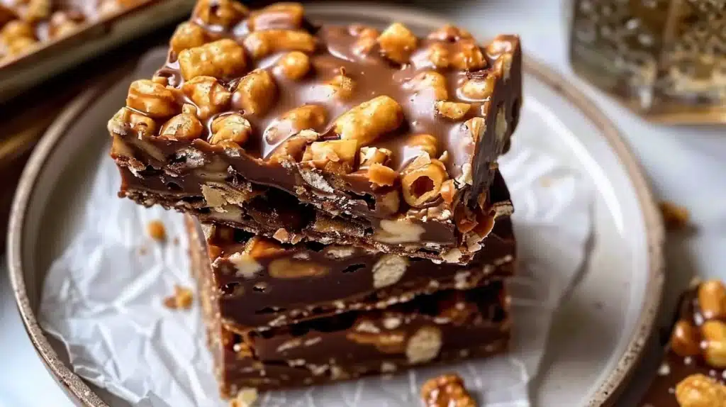 No bake crispy Snickers bars with chocolate and peanuts