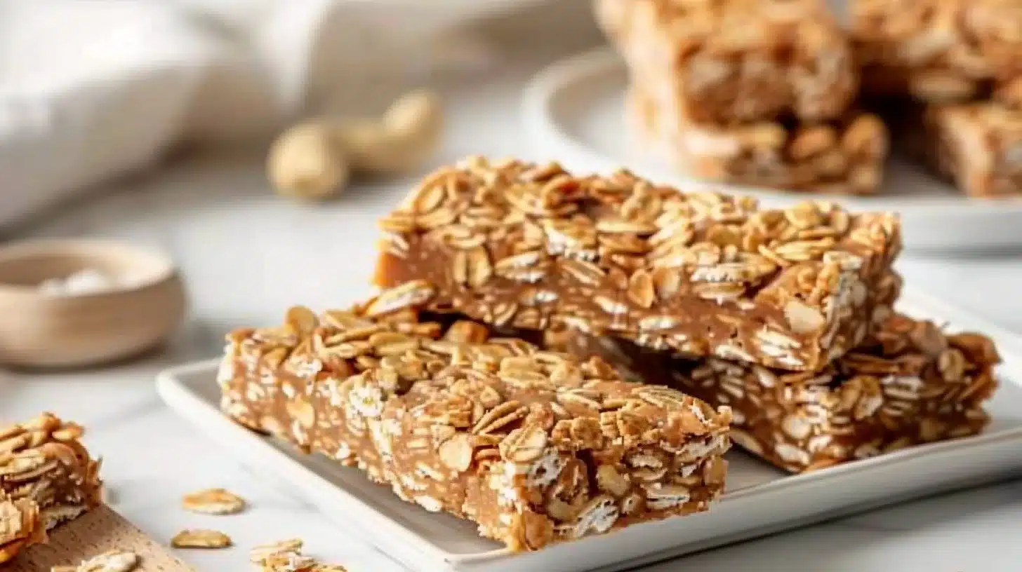No bake peanut butter oat snack bars ready to serve on a plate