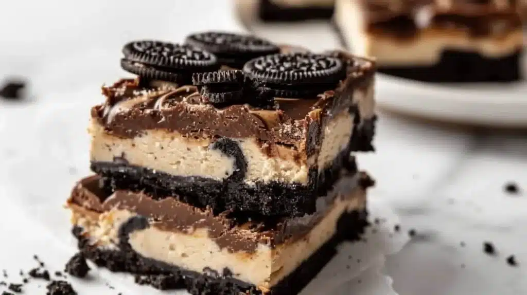 Delicious no-bake Peanut Butter Oreo Bars topped with chocolate and Oreo crumbs