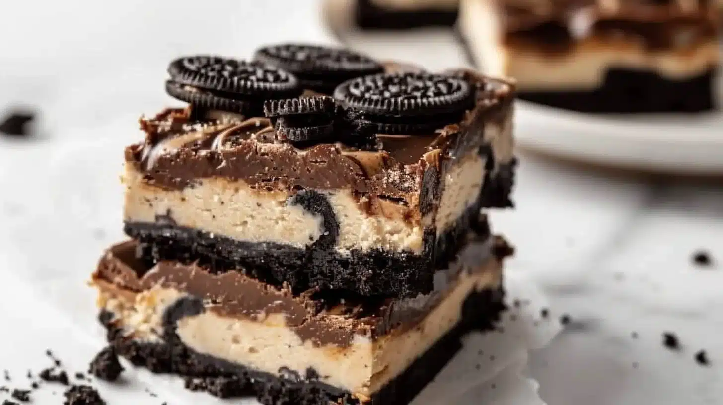 Delicious no-bake Peanut Butter Oreo Bars topped with chocolate and Oreo crumbs