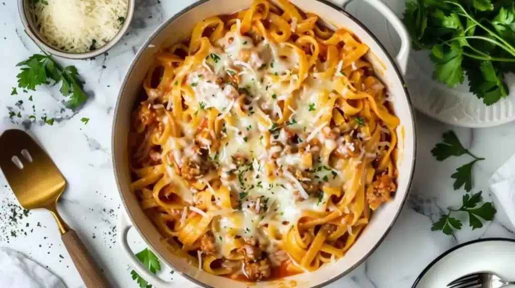 One-pot cheesy pasta dinner with creamy cheese sauce and pasta.