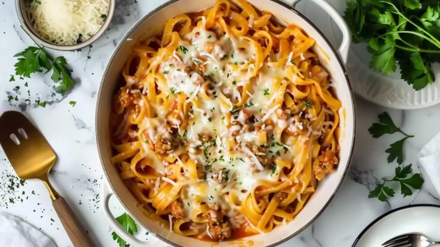One-pot cheesy pasta dinner with creamy cheese sauce and pasta.