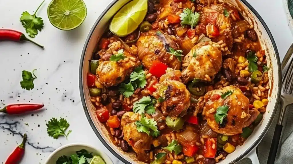 Delicious one-pot Mexican chicken dish with vibrant flavors and spices.