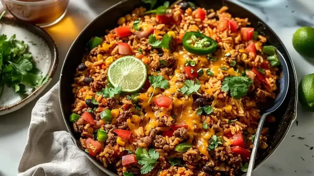 One-Pot Tex-Mex Hamburger Rice Skillet with colorful ingredients in a pan