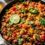 One-Pot Tex-Mex Hamburger Rice Skillet with colorful ingredients in a pan