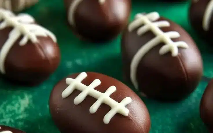 Oreo Football Truffles decorated with white chocolate laces on a field graphic.
