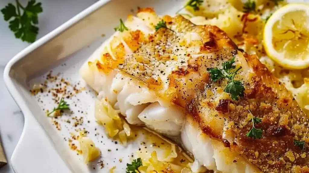 Delicious oven baked fish served with fresh herbs on a white plate