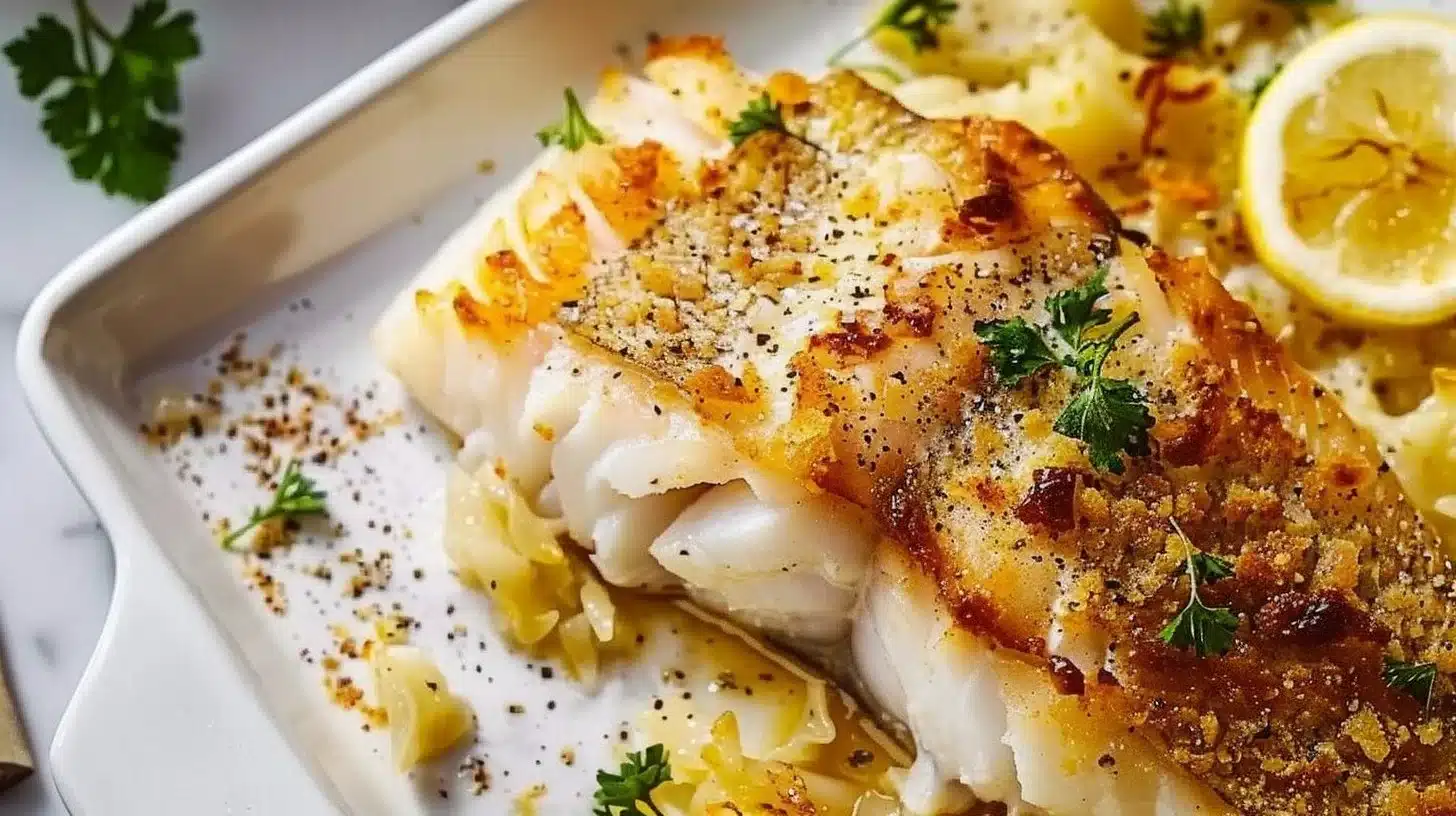 Delicious oven baked fish served with fresh herbs on a white plate