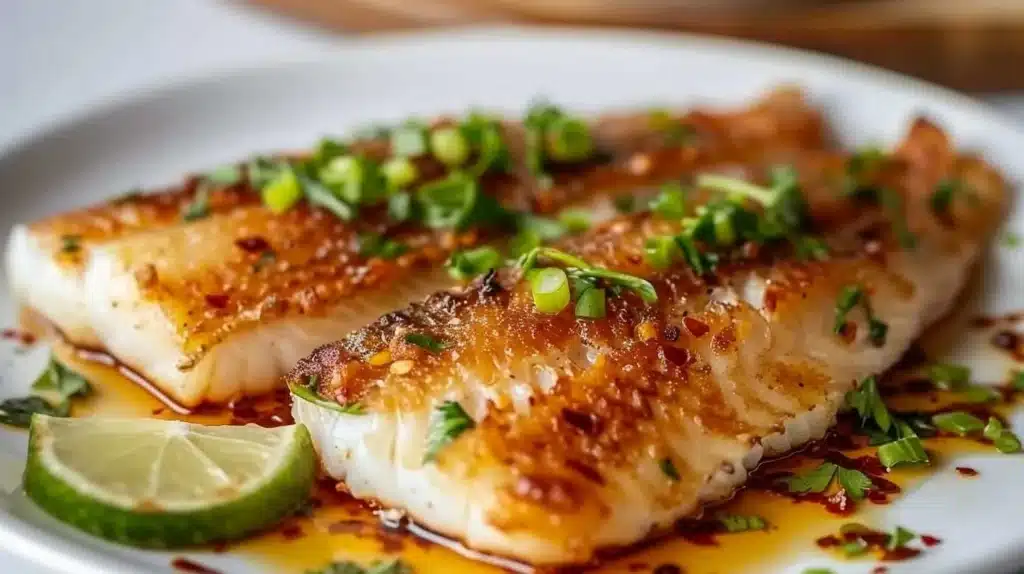 Delicious pan fried fish served with herbs and lemon slices