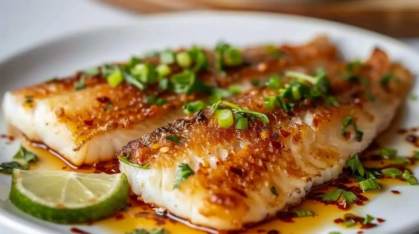 Delicious pan fried fish served with herbs and lemon slices