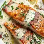 Pan-fried salmon fillet drizzled with creamy Parmesan sauce on a plate