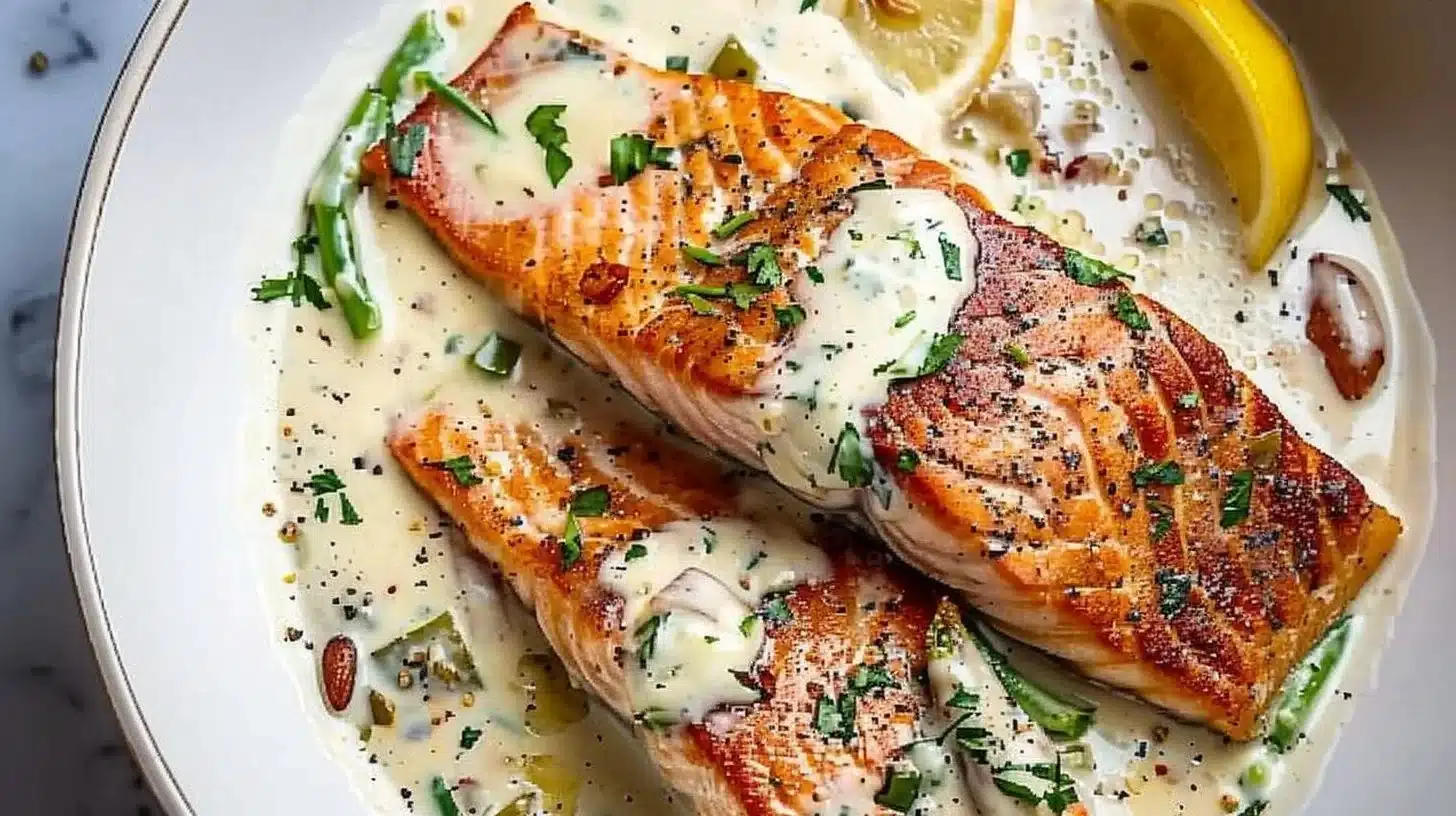 Pan-fried salmon fillet drizzled with creamy Parmesan sauce on a plate