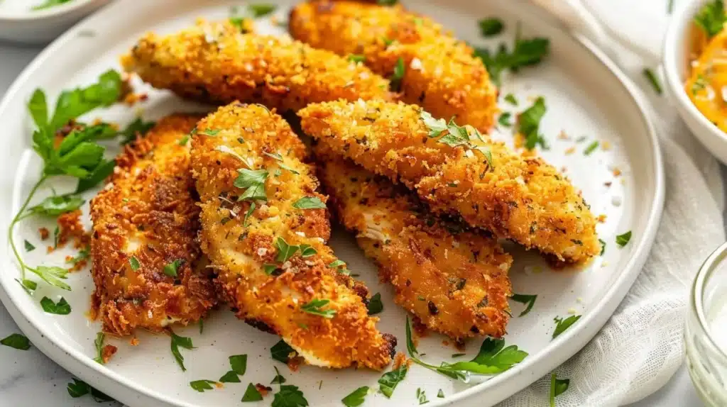 Panko Herb Chicken tenders on a plate with dipping sauce