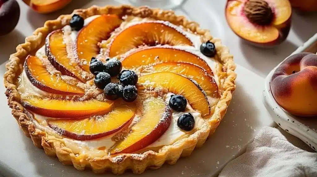 Delicious peaches and cream tart on a puff pastry crust garnished with fresh peaches