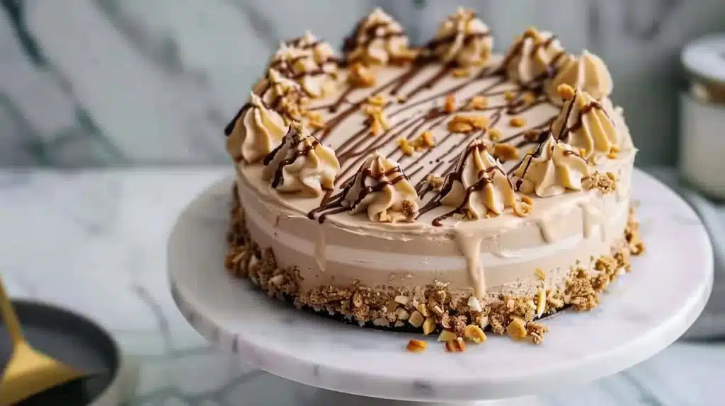 Decadent Peanut Butter Birthday Cake topped with creamy frosting and peanut butter drizzle