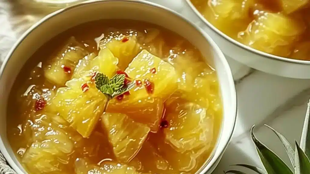 Pineapple Cowboy Candy with pineapple slices and spicy syrup
