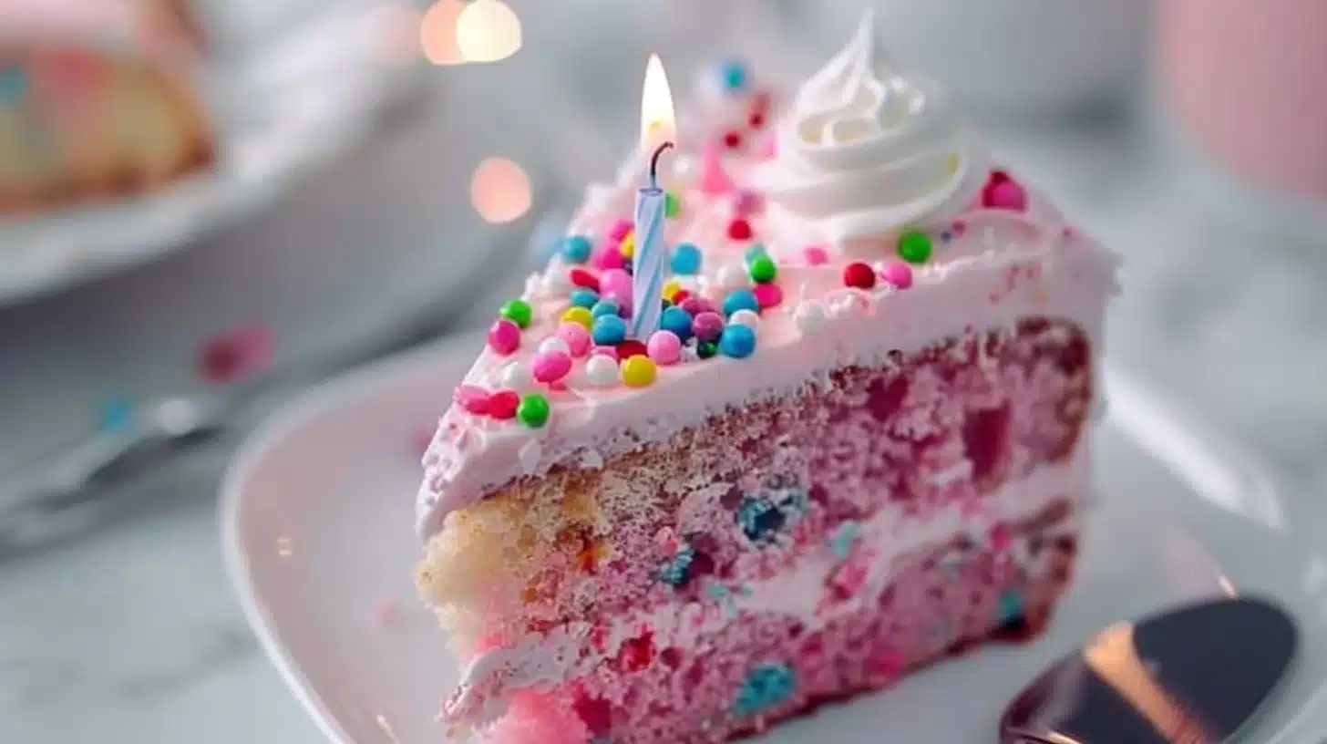 Delicious pink birthday cake with decorative frosting and candles